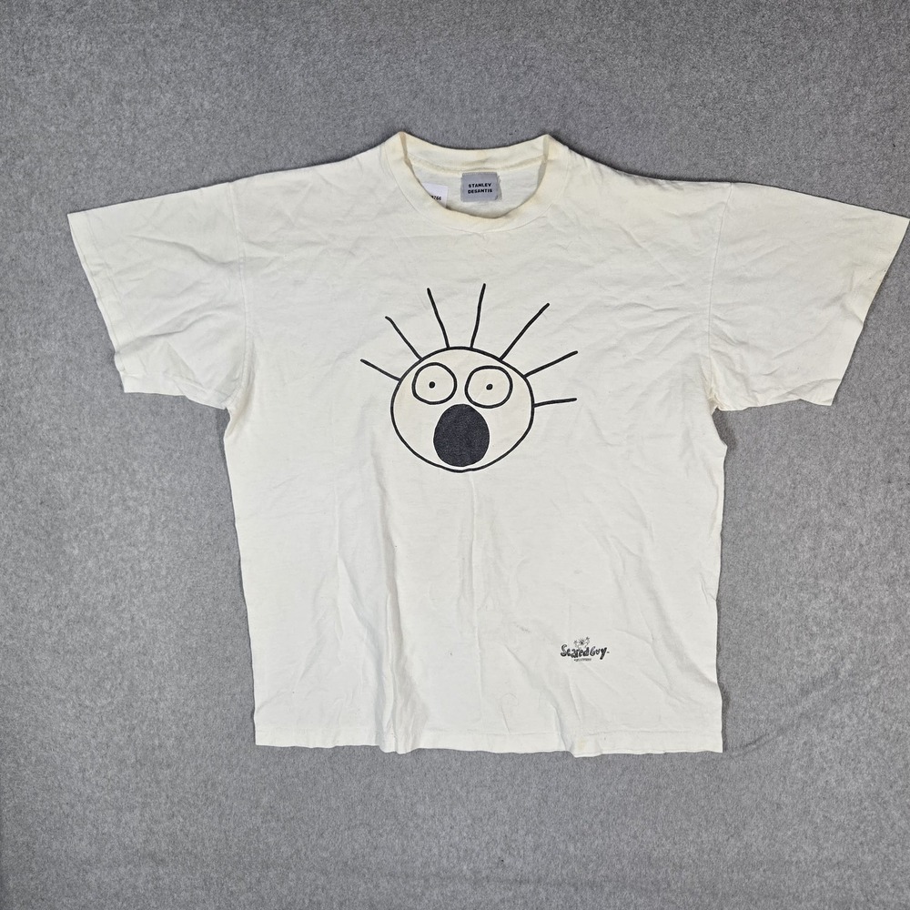 VINTAGE Stanley Desantis Men Shirt XL Off-White Scared Guy Cartoon Face READ